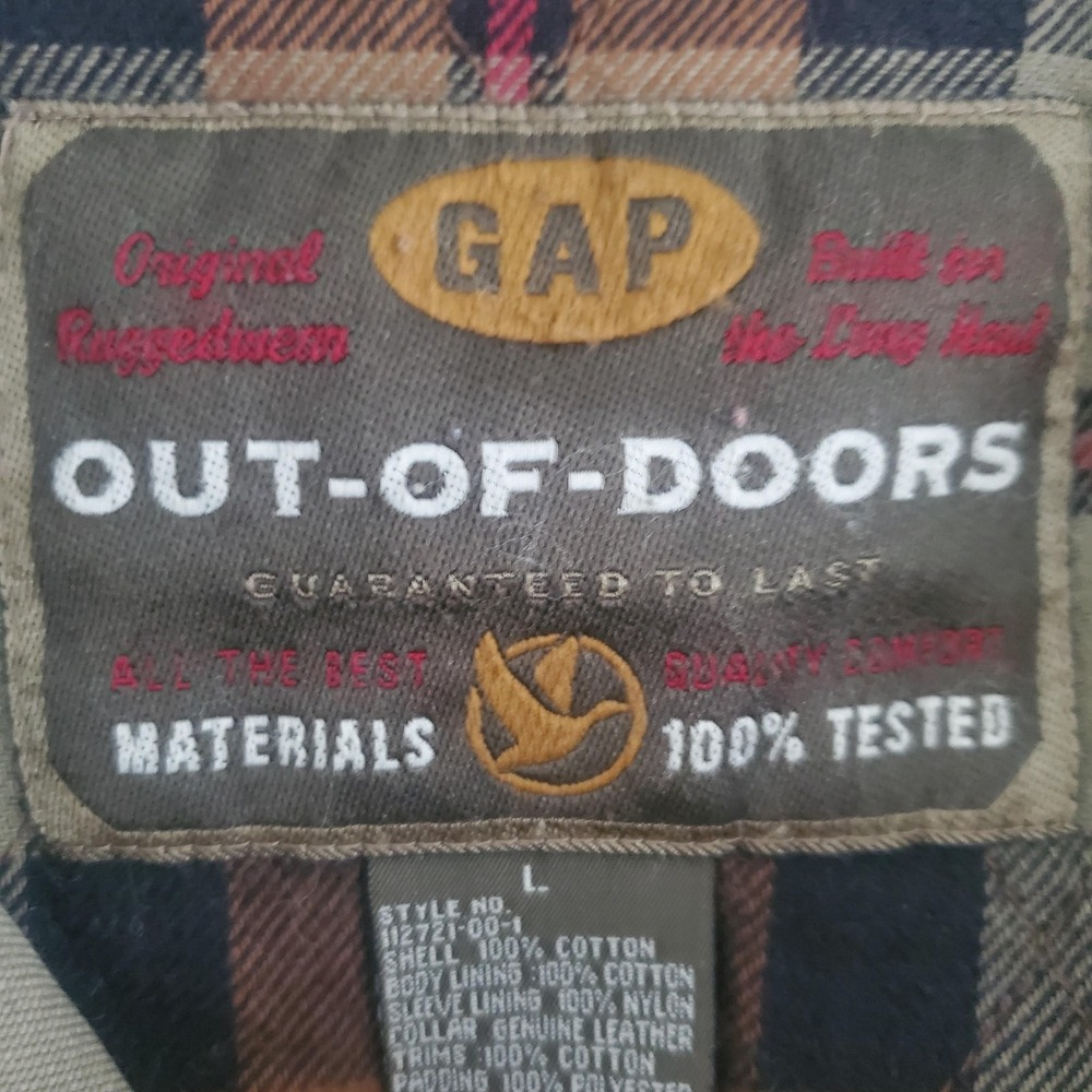 Vtg GAP Jacket Men L Brown Out-Of-Doors Plaid Lined Canvas Leather Collar Barn‎ - Picture 4 of 7